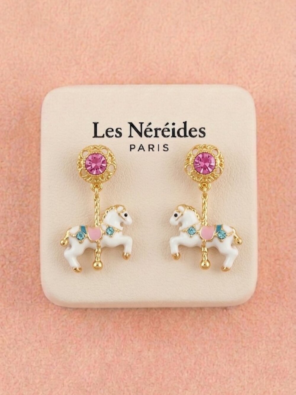 LES NEREIDES Horse Carousel pink quartz gold tone earrings enamel